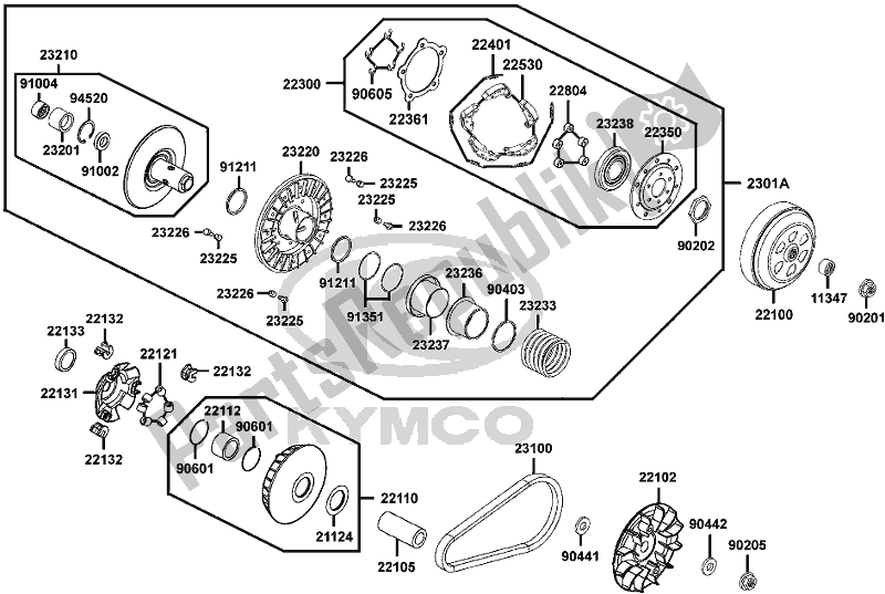 Alle onderdelen voor de E05 - Transmission Pulley van de Kymco SBA0 AG AU -Xciting R 500I 0500 2008