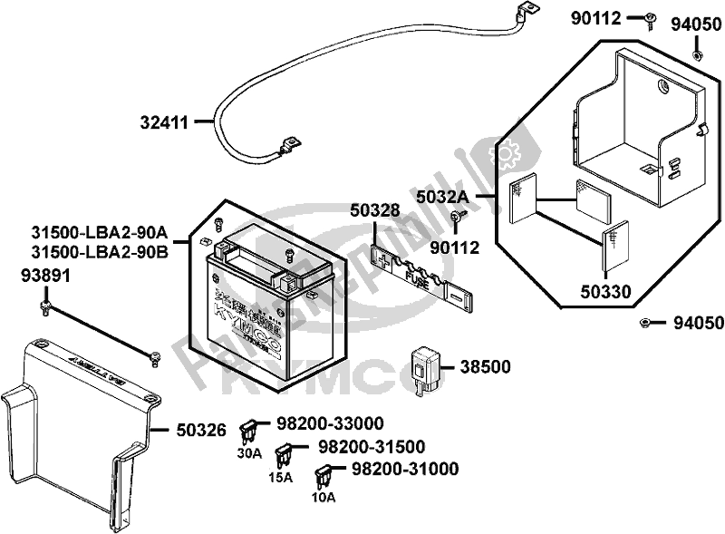 Alle onderdelen voor de F11 - Battery van de Kymco SBA0 AG AU -Xciting R 500I 0500 2008