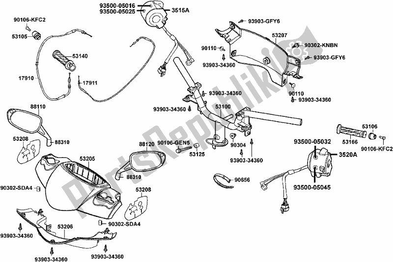 All parts for the F03 - Handle Steering/ Handle Cover of the Kymco SH 50 CA AU -B&w 250 50250 2007