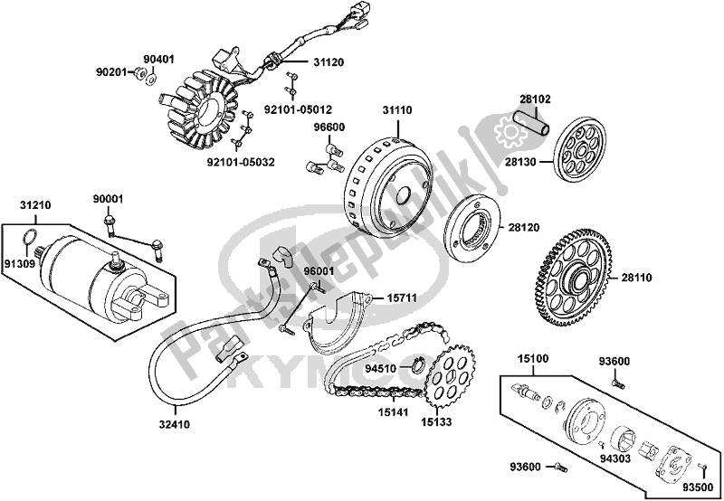 All parts for the E07 - Starting Motor/ Generator of the Kymco SK 64 CB AU -Downtown 350I 64350 2016