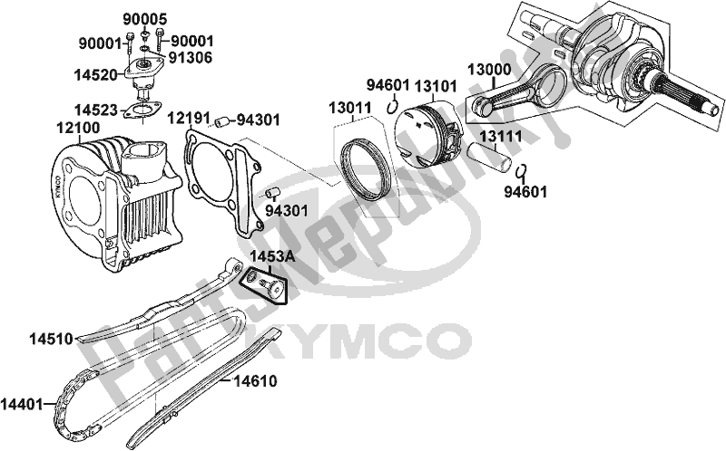 All parts for the E03 - Cylinder Piston Crankshaft of the Kymco TF 30 AA AU -People S 150I ABS 30150 2018