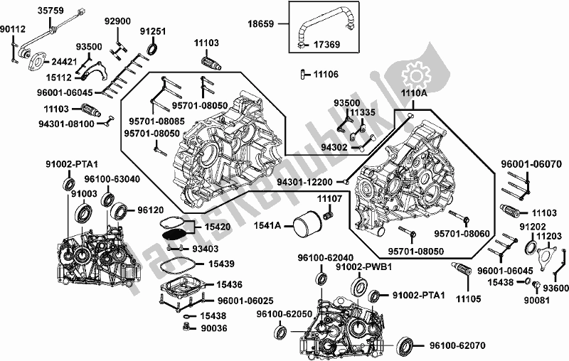 Alle onderdelen voor de E01 - Right Crankcase van de Kymco UA 90 AA AU -UXV 450I 90450 2015