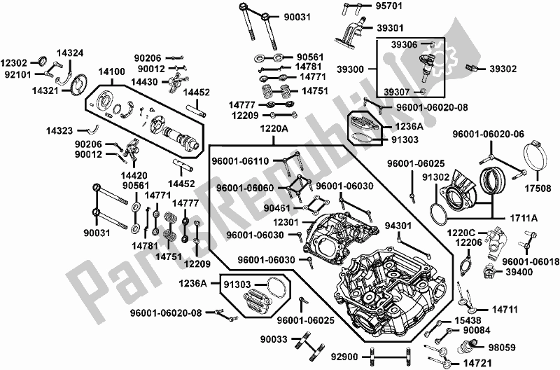 Alle onderdelen voor de E03 - Cylinder Head/ Cover van de Kymco UA 90 AA AU -UXV 450I 90450 2015