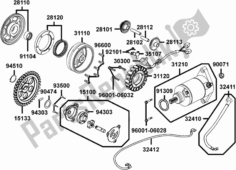 Alle onderdelen voor de E07 - Starting Motor/ Generator van de Kymco UA 90 AA AU -UXV 450I 90450 2015