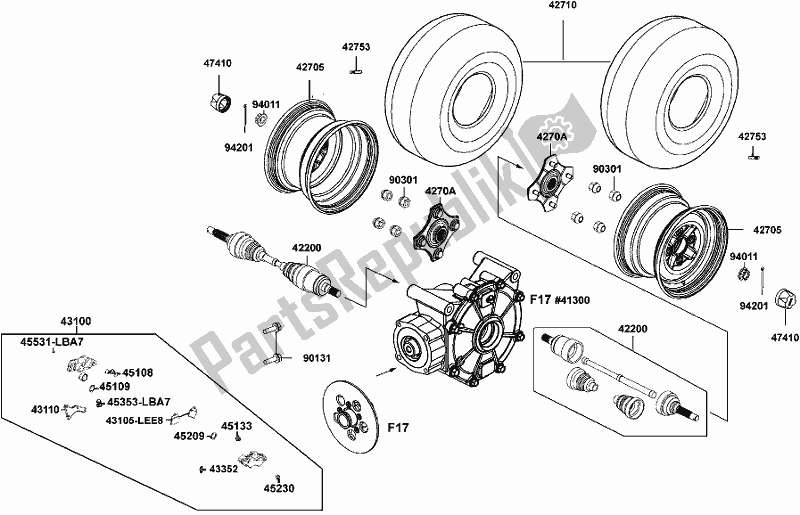Alle onderdelen voor de F08 - Rear Wheel van de Kymco UA 90 AA AU -UXV 450I 90450 2015