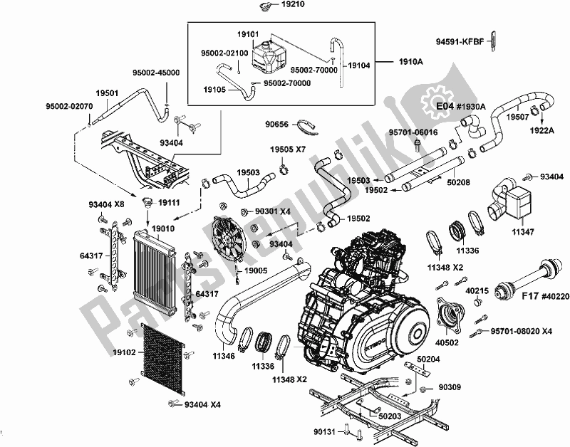 Alle onderdelen voor de F20 - Radiator/ Shroud van de Kymco UA 90 AA AU -UXV 450I 90450 2015