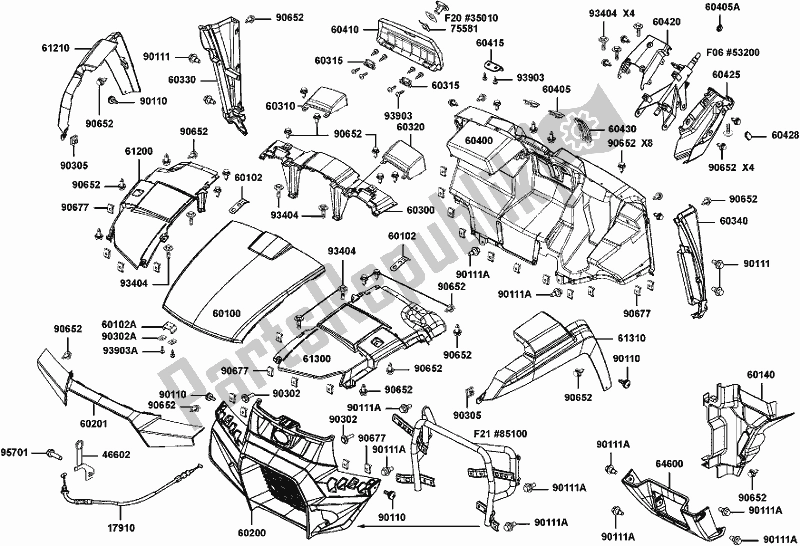 Todas as partes de F03 - Front Fender do Kymco UA 90 BG AU -UXV 450I 90450 2017