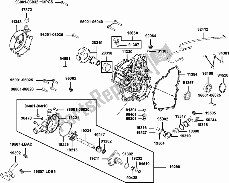 All parts for the E04 - Right Crankcase Cover of the Kymco UBA0 AA AU -UXV 500I 0500 2015