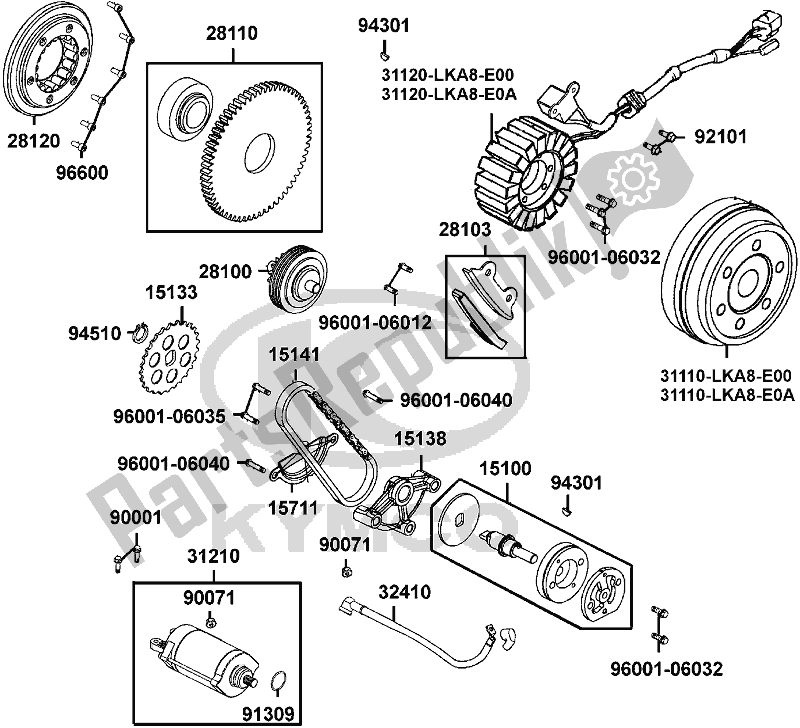 All parts for the E06 - Starting Motor/ Generator of the Kymco UBA0 AA AU -UXV 500I 0500 2015