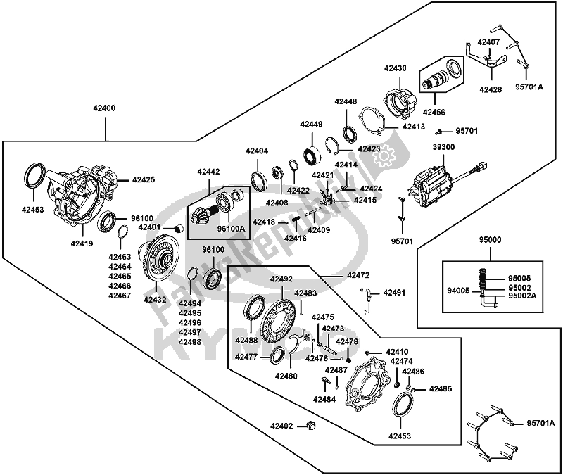 All parts for the E09 - Gearcase Front Assy of the Kymco UBA0 AA AU -UXV 500I 0500 2015