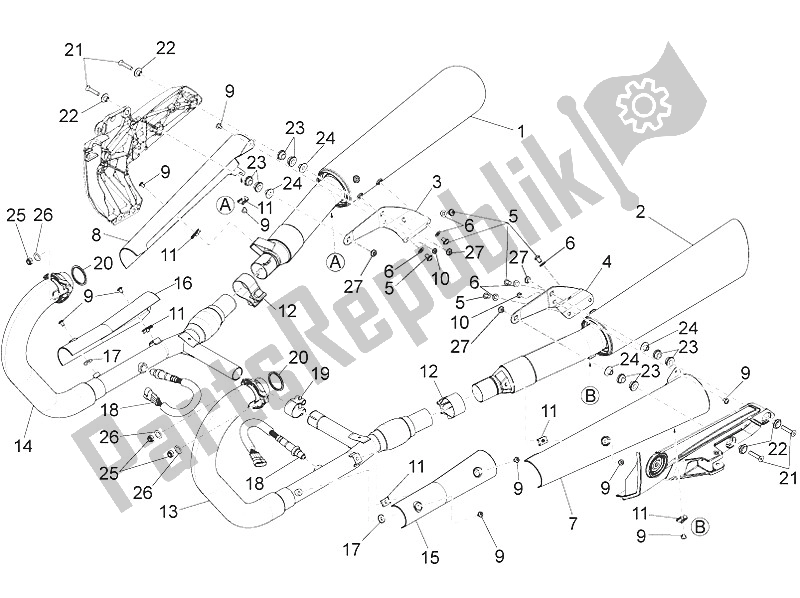 All parts for the Exhaust Pipe of the Moto-Guzzi Eldorado 1400 USA 2016