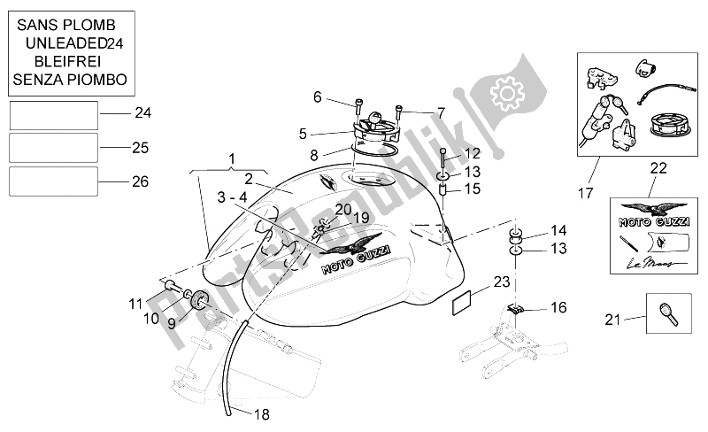 Alle onderdelen voor de Brandstoftank Cee van de Moto-Guzzi V 11 LE Mans 1100 2002