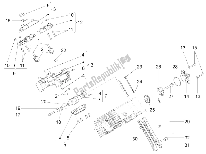 All parts for the Rh Cylinder Timing System (roller) of the Moto-Guzzi Stelvio 1200 NTX ABS 2009