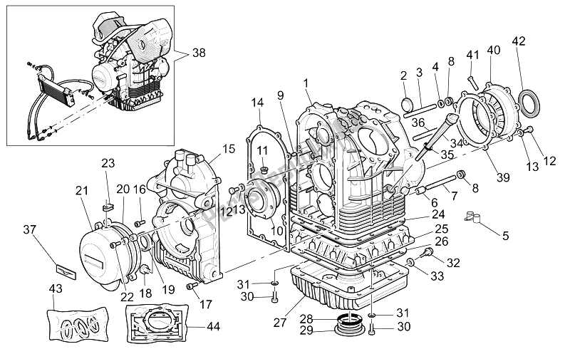 All parts for the Crank-case of the Moto-Guzzi V 11 LE Mans 1100 2002