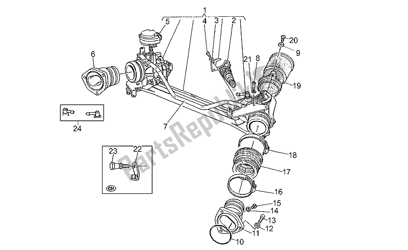 Alle onderdelen voor de Gasklephuis van de Moto-Guzzi Daytona RS 1000 1997