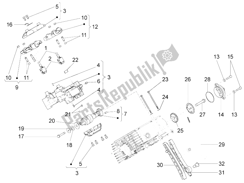 Alle onderdelen voor de Rh Cilinder Timing Systeem (rol) van de Moto-Guzzi Stelvio 1200 2008