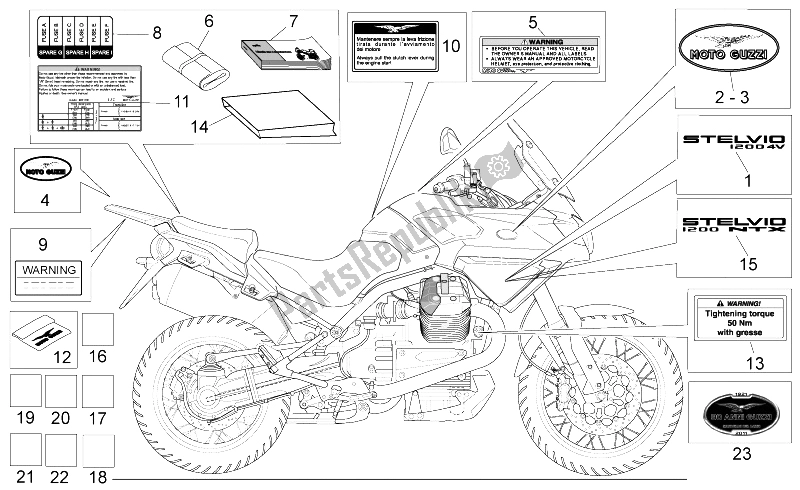 Toutes les pièces pour le Assiette Set-decal-op. Handbooks du Moto-Guzzi Stelvio 1200 NTX ABS 2009