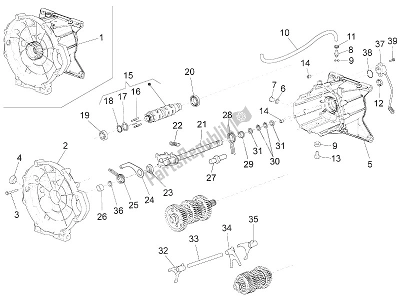 All parts for the Gear Box / Selector / Shift Cam of the Moto-Guzzi Eldorado 1400 USA 2016