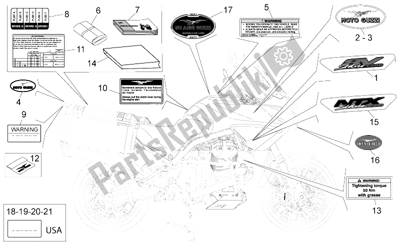 Alle onderdelen voor de Plaat Set-decal-op. Handboeken van de Moto-Guzzi Stelvio 1200 8V STD NTX 2011