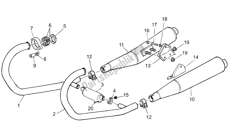 All parts for the Exhaust Unit of the Moto-Guzzi Nevada Base Club 750 2002