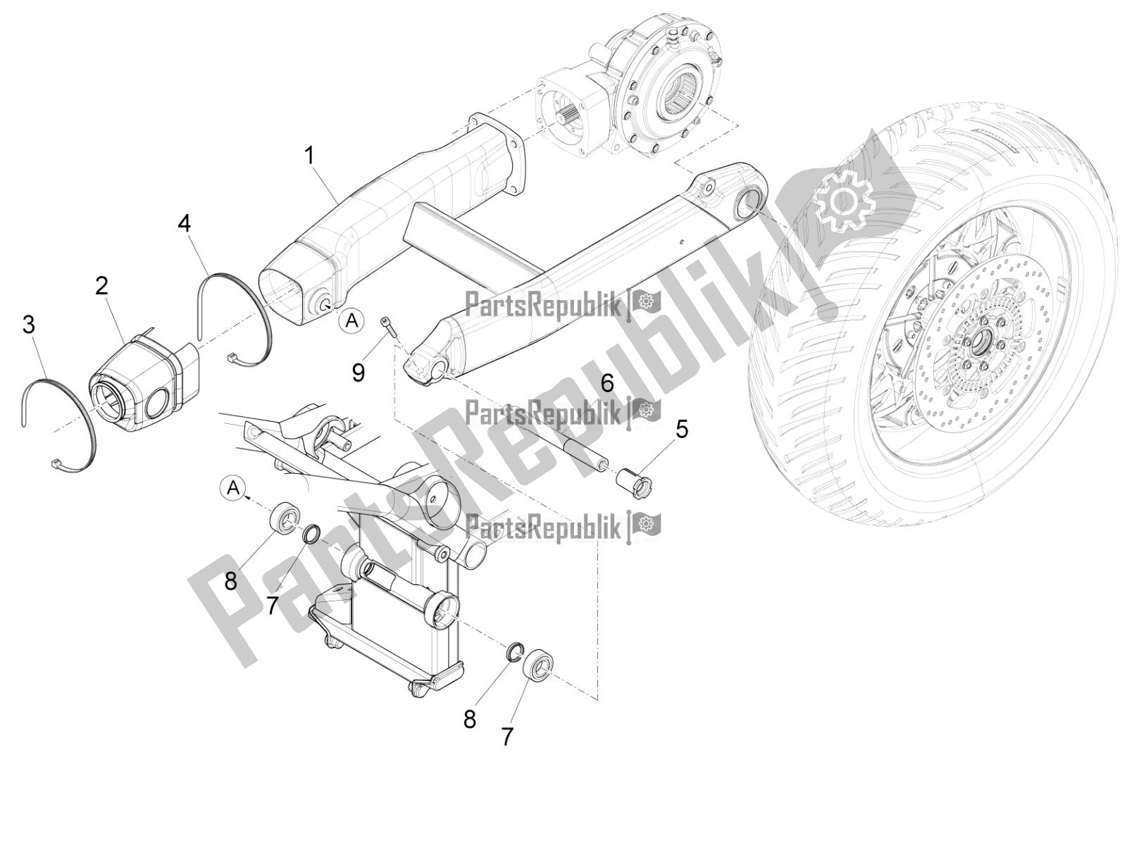 All parts for the Swing Arm of the Moto-Guzzi California 1400 Touring ABS Apac 2019