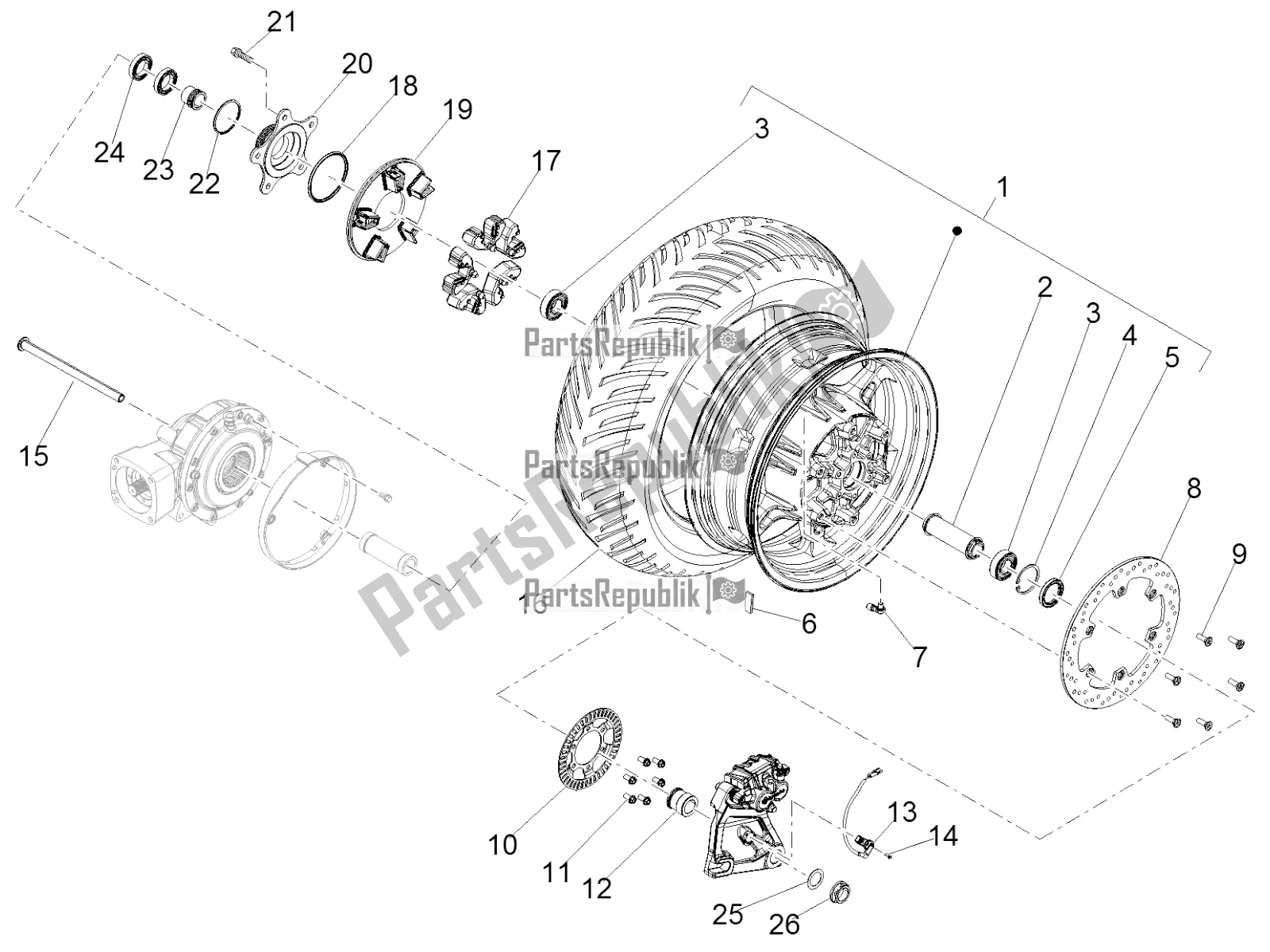 Todas as partes de Roda Traseira do Moto-Guzzi California 1400 Touring ABS Apac 2020