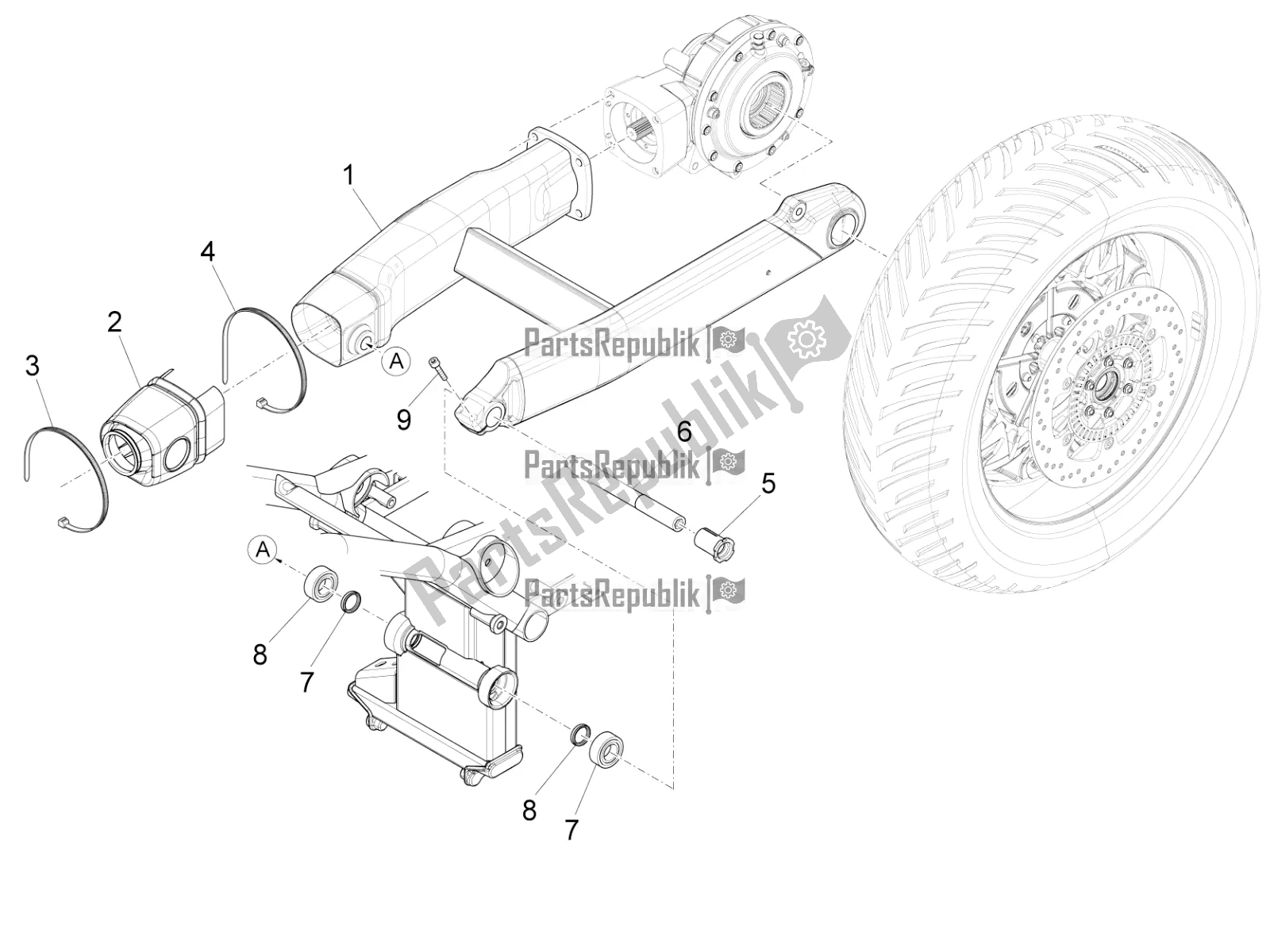 All parts for the Swing Arm of the Moto-Guzzi Eldorado 1400 ABS Apac 2018