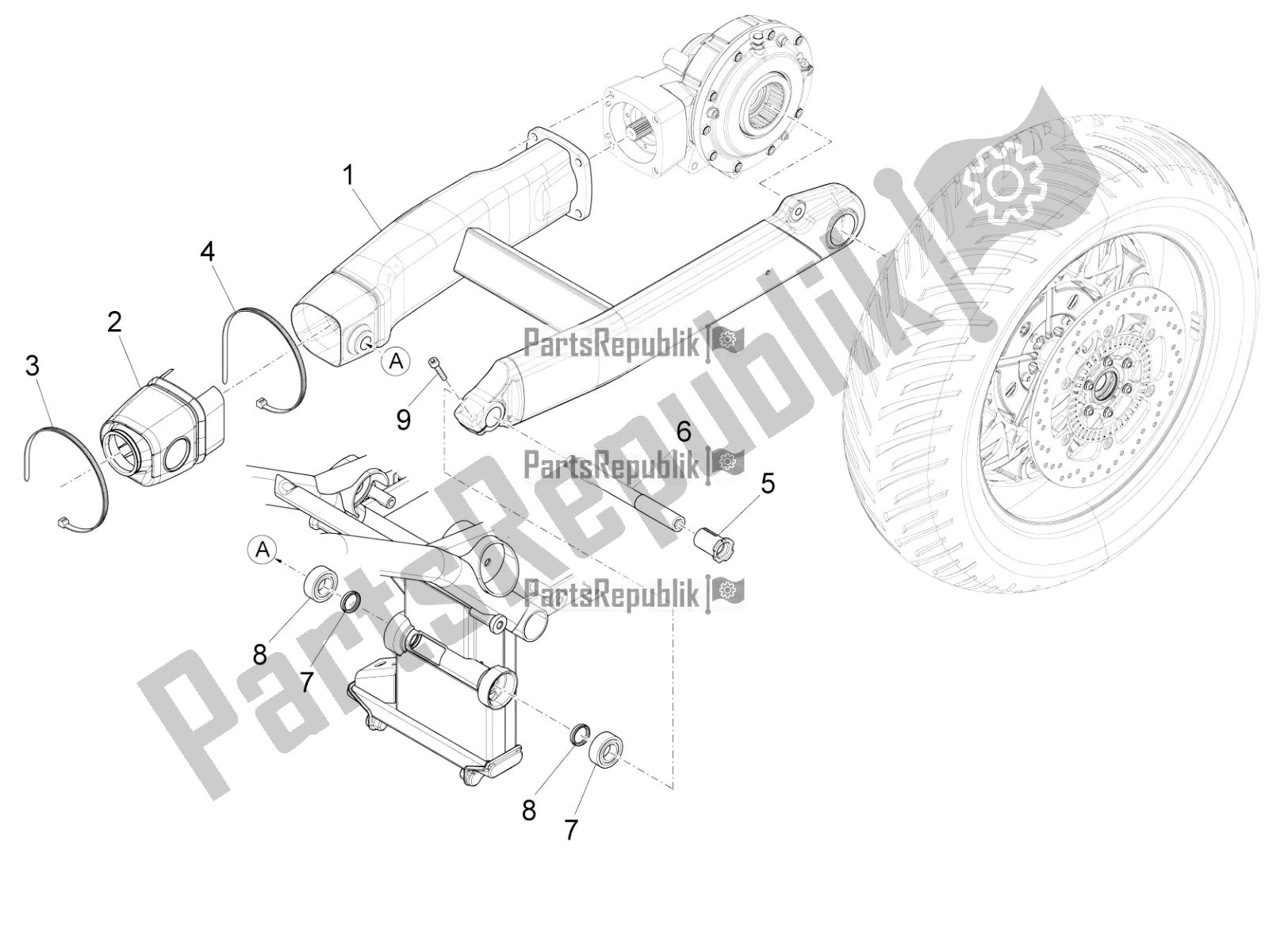 All parts for the Swing Arm of the Moto-Guzzi Eldorado 1400 ABS USA 2021