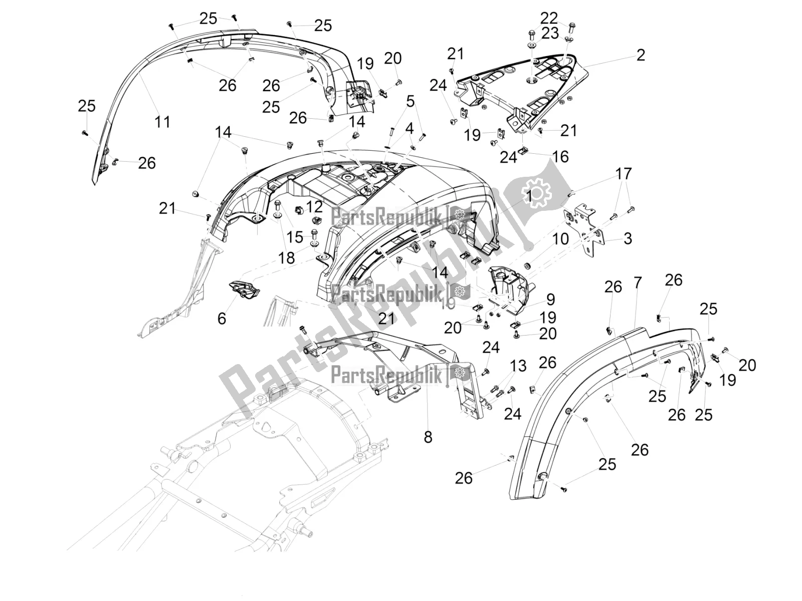 All parts for the Rear Mudguard of the Moto-Guzzi MGX 21 Flying Fortress 1400 ABS Apac 2019