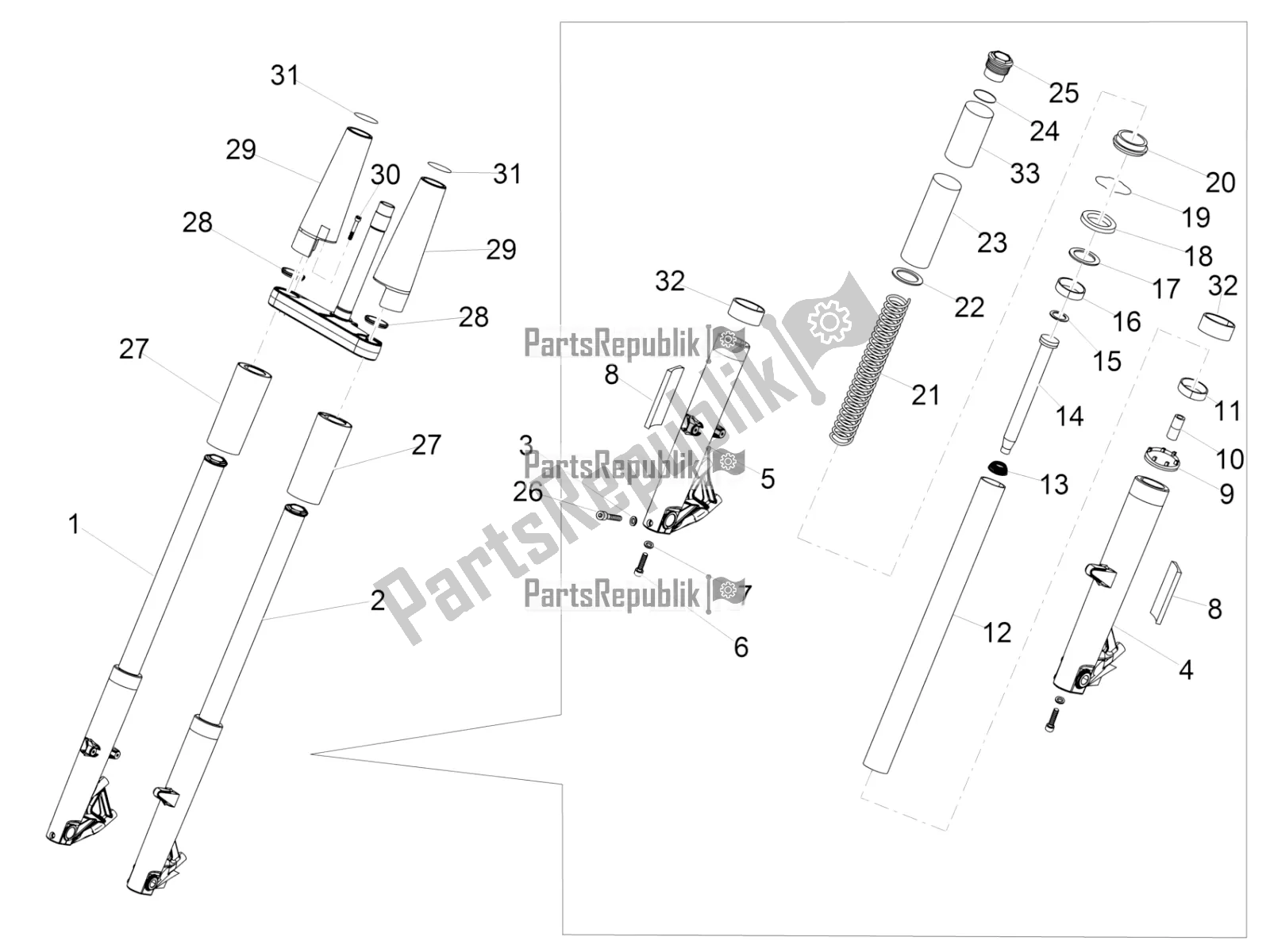 All parts for the Front Fork Kaifa of the Moto-Guzzi MGX 21 Flying Fortress 1400 ABS USA 2016