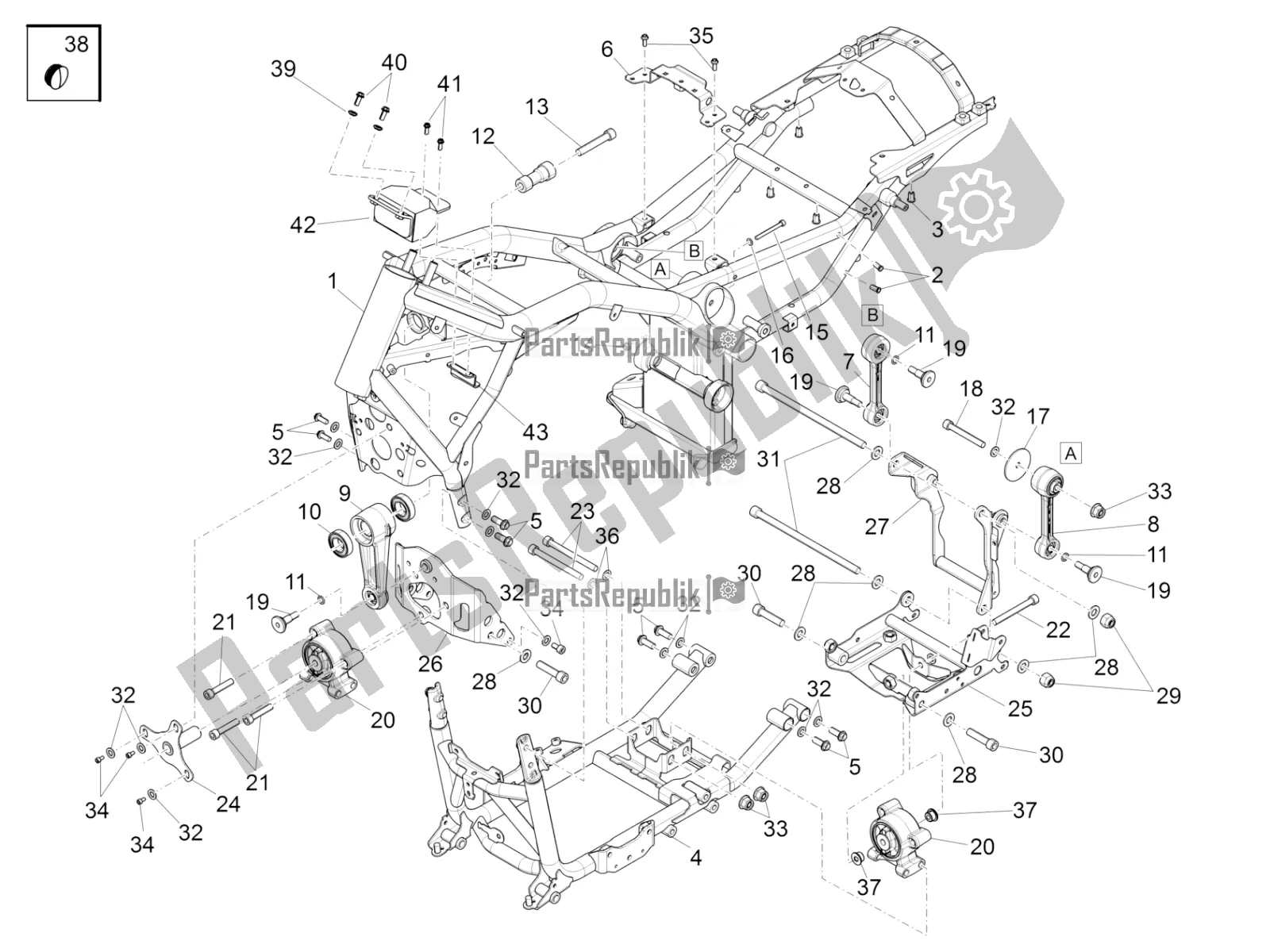 Toutes les pièces pour le Cadre du Moto-Guzzi MGX 21 Flying Fortress 1400 ABS USA 2017