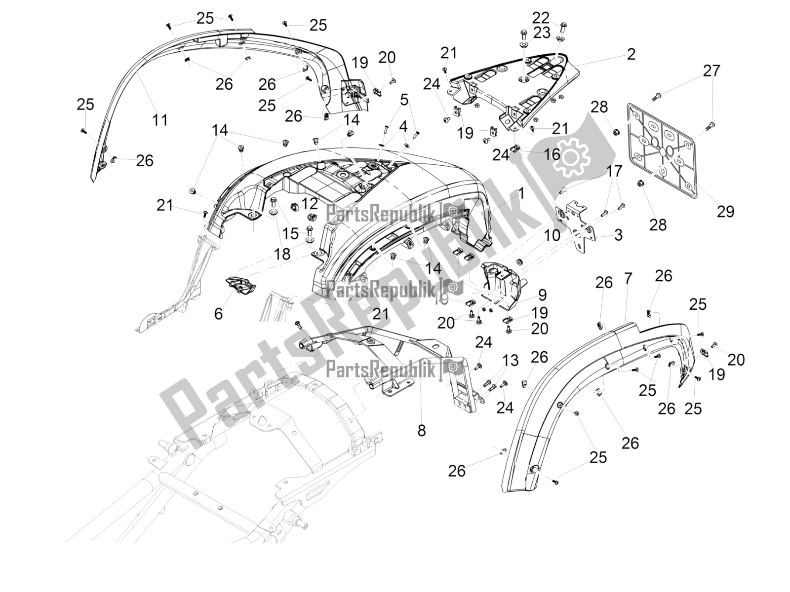 All parts for the Rear Mudguard of the Moto-Guzzi MGX 21 Flying Fortress 1400 ABS USA 2018