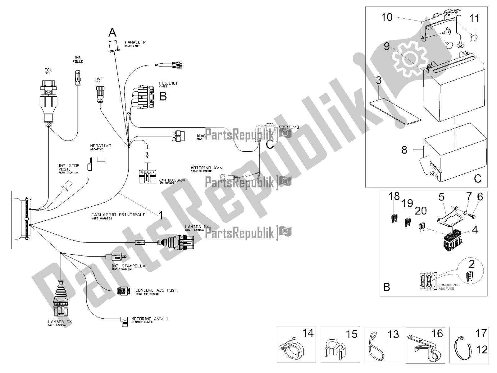 Tutte le parti per il Impianto Elettrico Posteriore del Moto-Guzzi V7 III Carbon 750 USA 2019