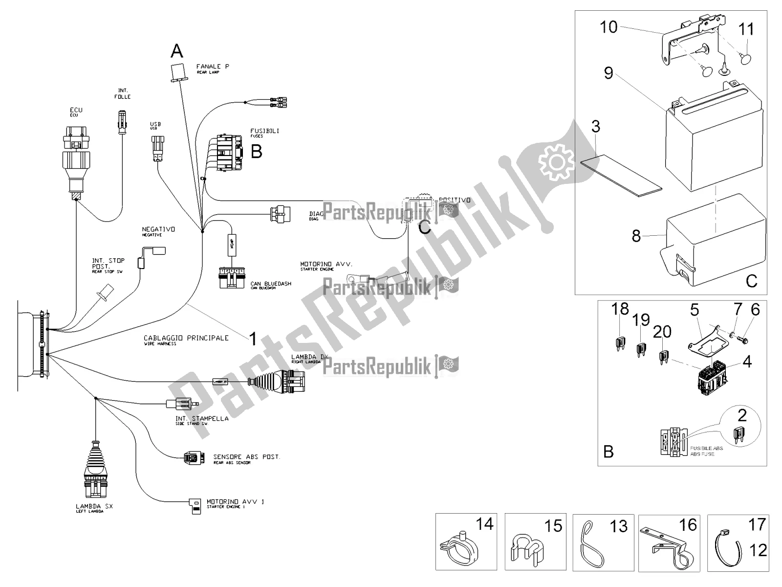 Tutte le parti per il Impianto Elettrico Posteriore del Moto-Guzzi V7 III Racer 750 E4 ABS 2017-2018-2019 Nafta 2018