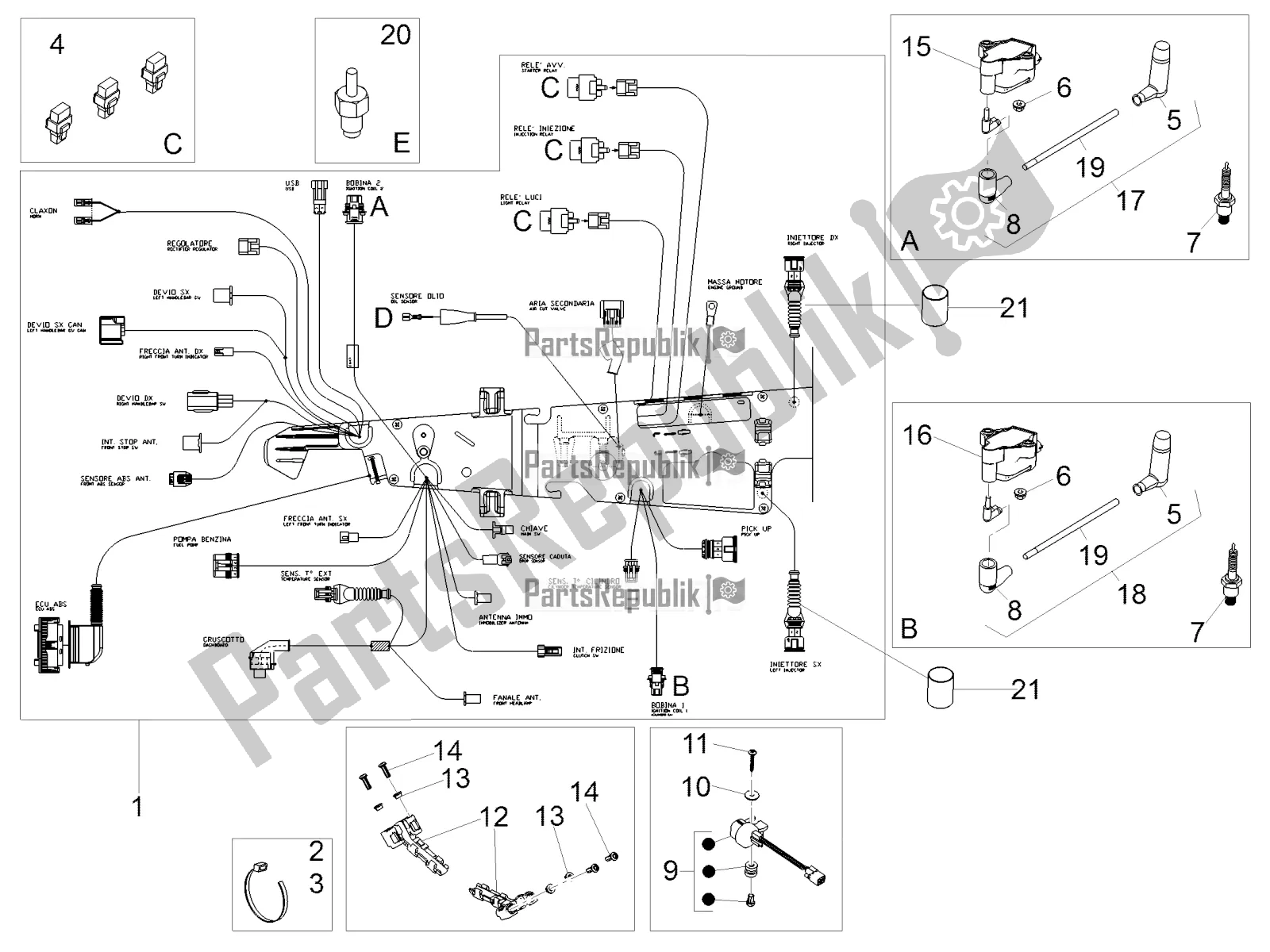 Tutte le parti per il Impianto Elettrico Centrale del Moto-Guzzi V7 III Rough 750 2020