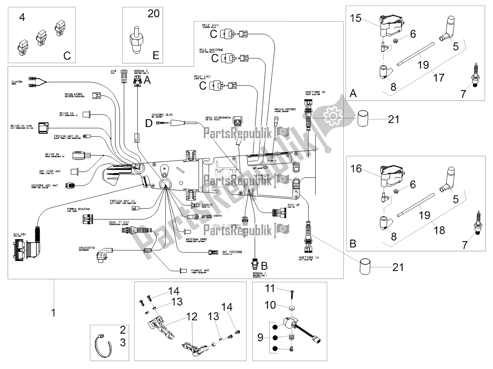 Tutte le parti per il Impianto Elettrico Centrale del Moto-Guzzi V7 III Rough 750 2020