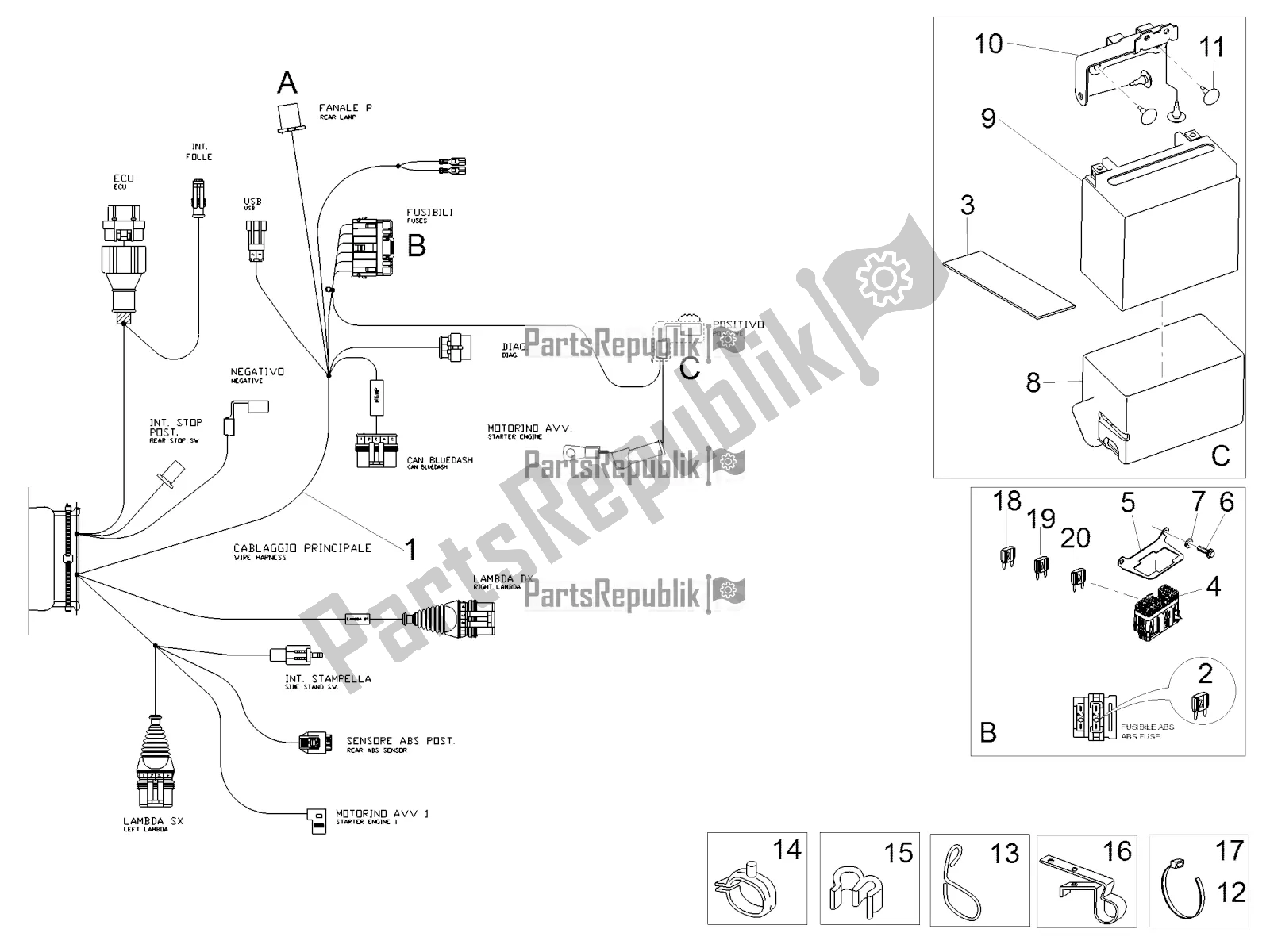 Tutte le parti per il Impianto Elettrico Posteriore del Moto-Guzzi V7 III Rough 750 ABS USA 2019