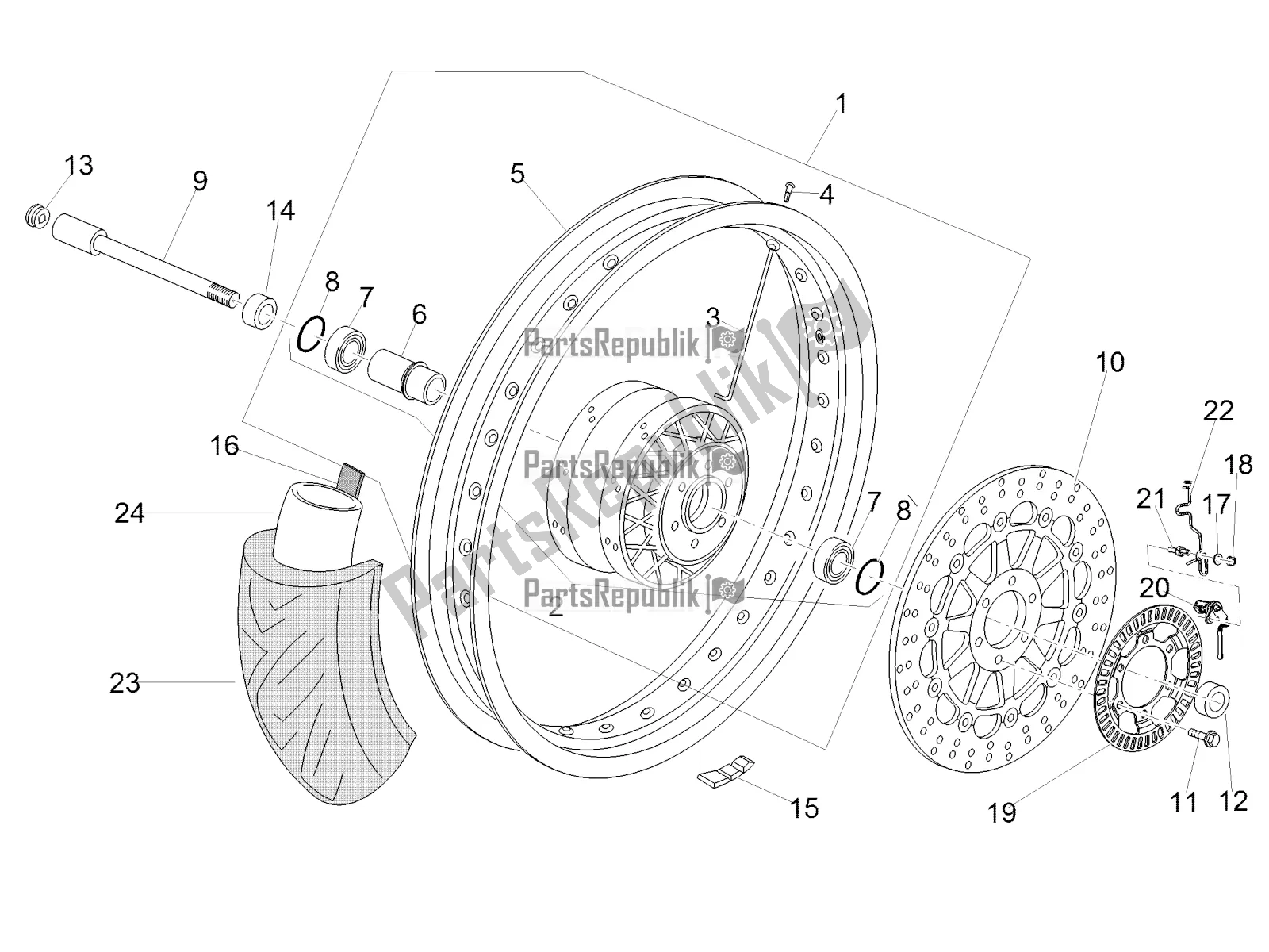 All parts for the Front Wheel of the Moto-Guzzi V7 III Rough 750 Apac 2018