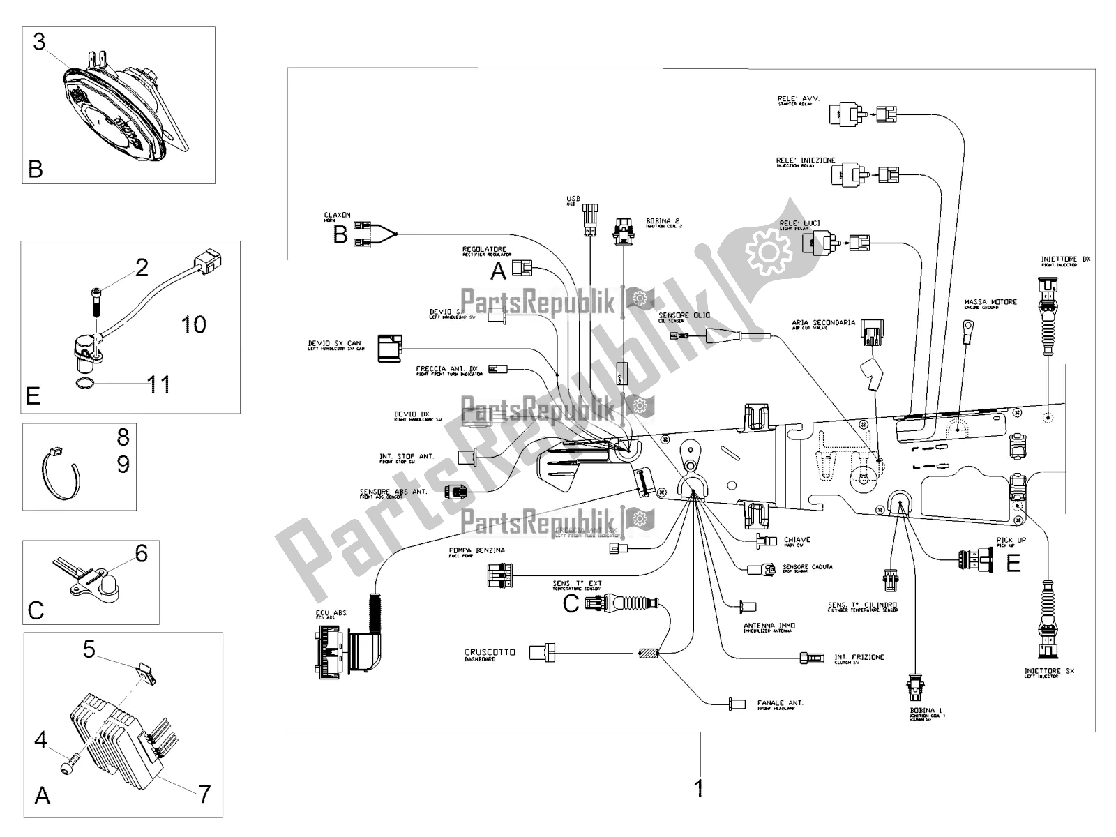 Tutte le parti per il Impianto Elettrico Anteriore del Moto-Guzzi V7 III Rough 750 Apac 2019