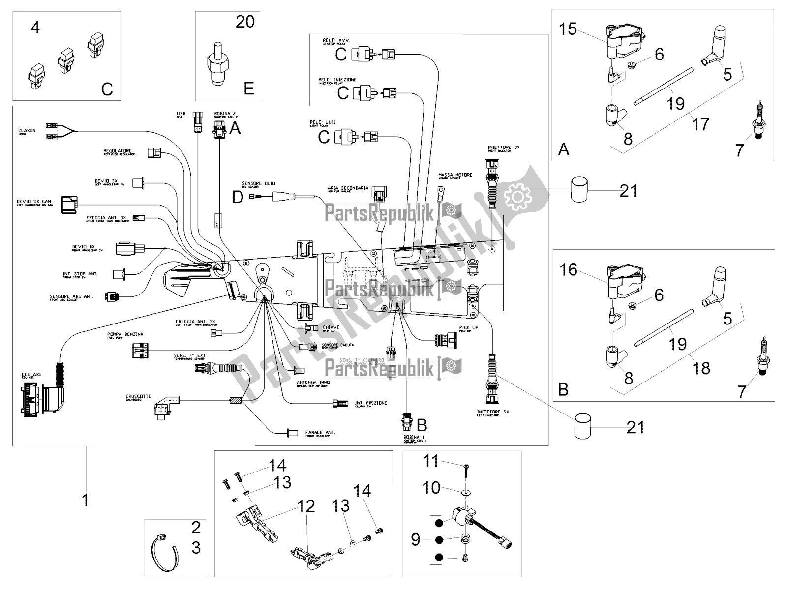 Tutte le parti per il Impianto Elettrico Centrale del Moto-Guzzi V7 III Rough 750 Apac 2020