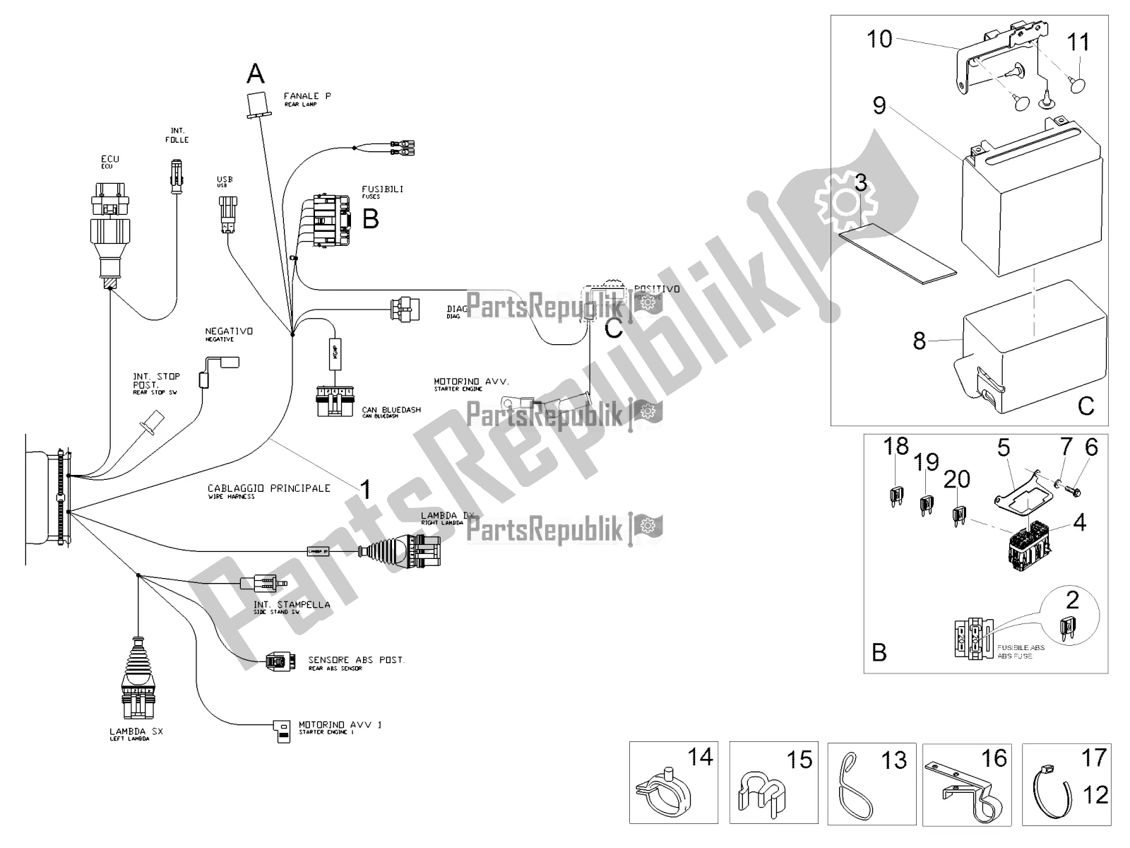 Tutte le parti per il Impianto Elettrico Posteriore del Moto-Guzzi V7 III Rough 750 Apac 2020