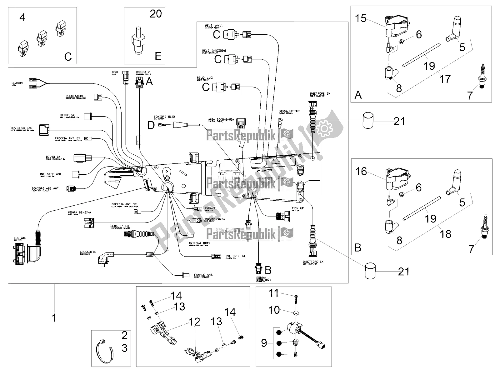 Tutte le parti per il Impianto Elettrico Centrale del Moto-Guzzi V7 III Rough 750 USA 2020