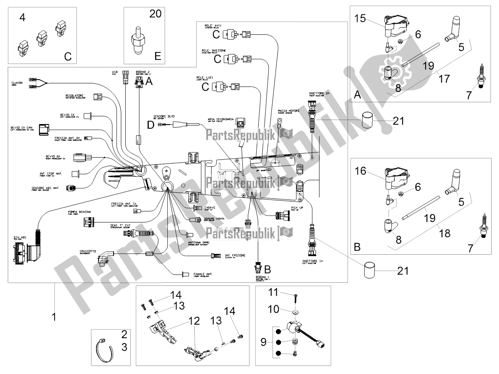 Tutte le parti per il Impianto Elettrico Centrale del Moto-Guzzi V7 III Special 750 ABS 2018