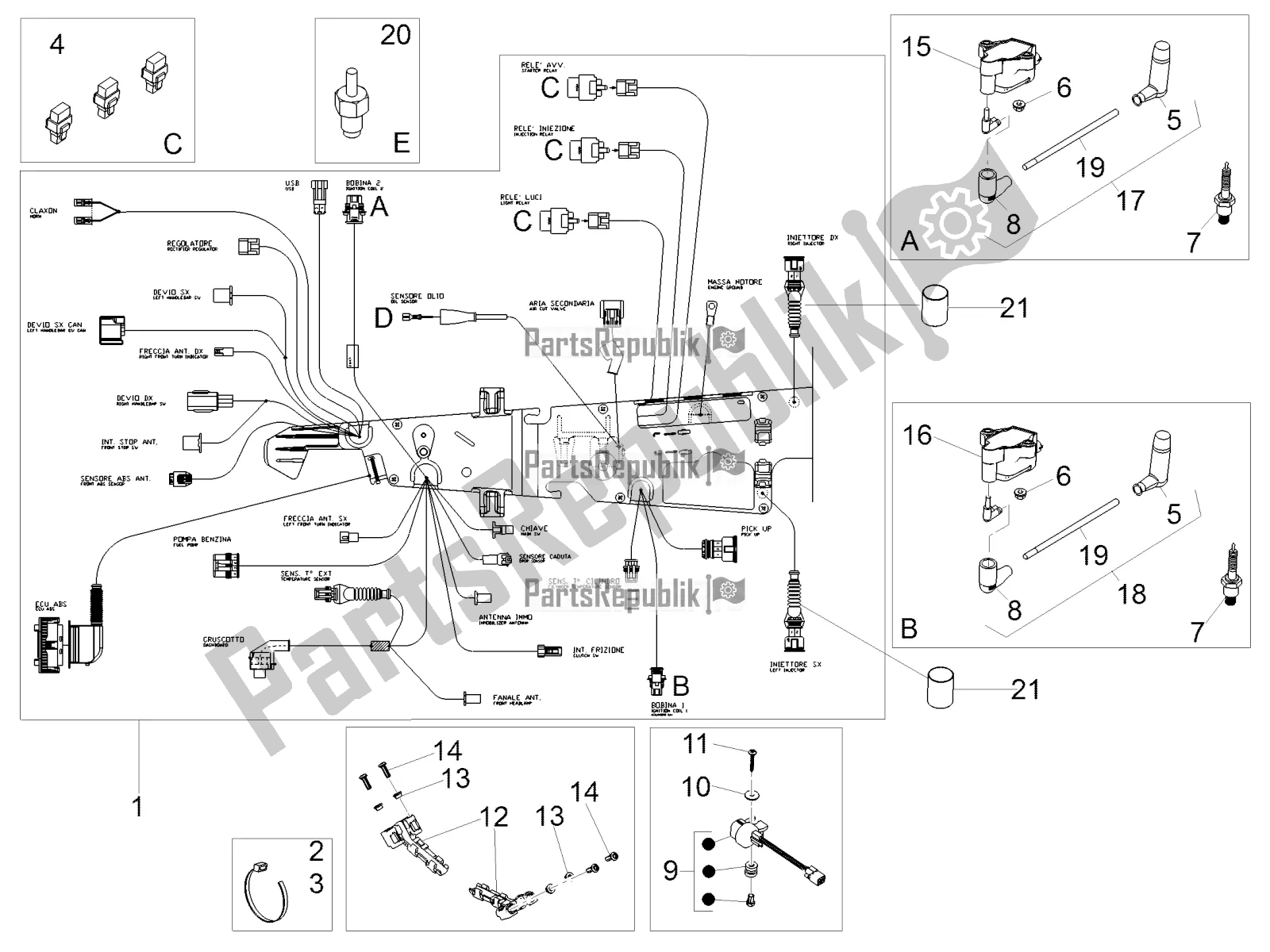 Tutte le parti per il Impianto Elettrico Centrale del Moto-Guzzi V7 III Special 750 ABS 2019
