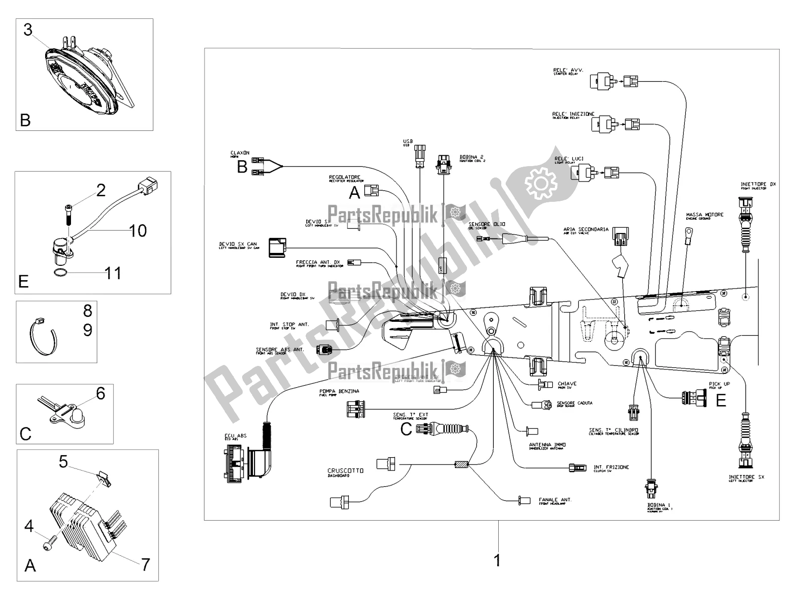 Tutte le parti per il Impianto Elettrico Anteriore del Moto-Guzzi V7 III Special 750 USA 2020