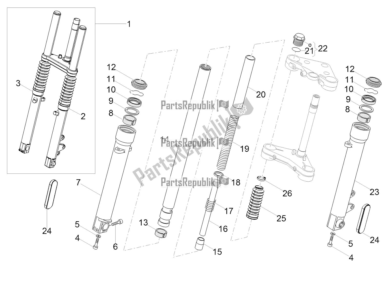 All parts for the Front Fork Kaifa of the Moto-Guzzi V7 III Stone Night Pack 750 USA 2020