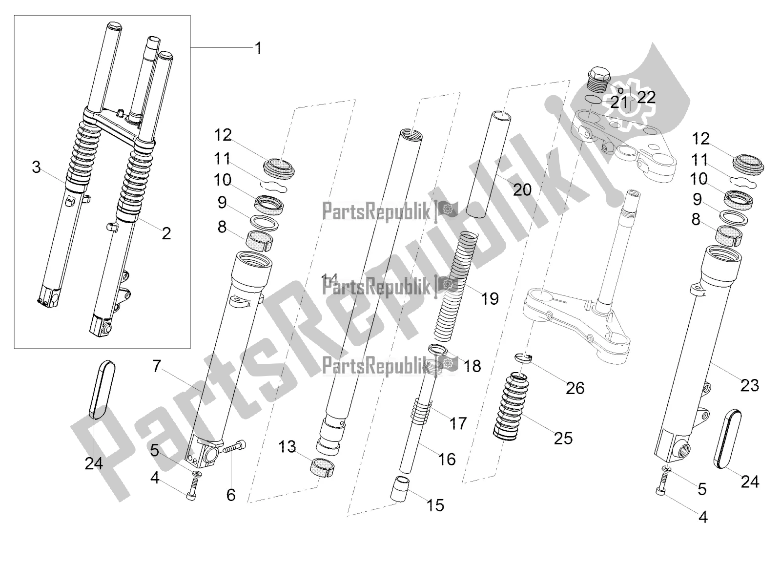 All parts for the Front Fork Kaifa of the Moto-Guzzi V7 III Stone 