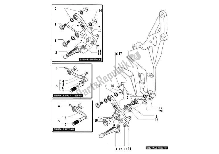 Alle onderdelen voor de Voetsteunen Links van de MV Agusta Brutale 920-990 R-1090 RR 9209901090 2010