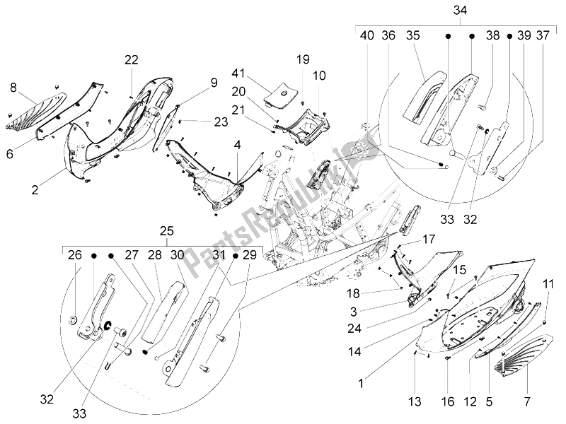 Todas las partes para Cubierta Central - Reposapiés de Piaggio BV 350 4T 4V IE E3 ABS USA 2015