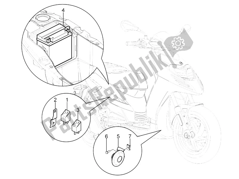 Toutes les pièces pour le Télécommandes - Batterie - Klaxon du Piaggio Typhoon 125 4T 2V E3 USA 2011